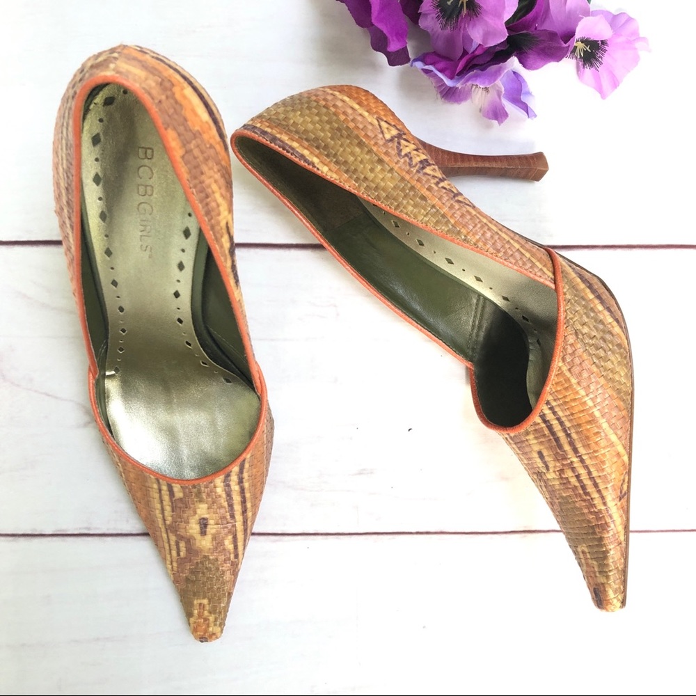 BCBGirls Beige/Brown Snake Print Pointed Toe Heels
